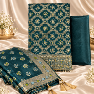 Deep Teal Gold Woven Embroidered Unstitched Suit