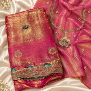 Fuchsia Pink Gold Shimmer Embroidered Saree
