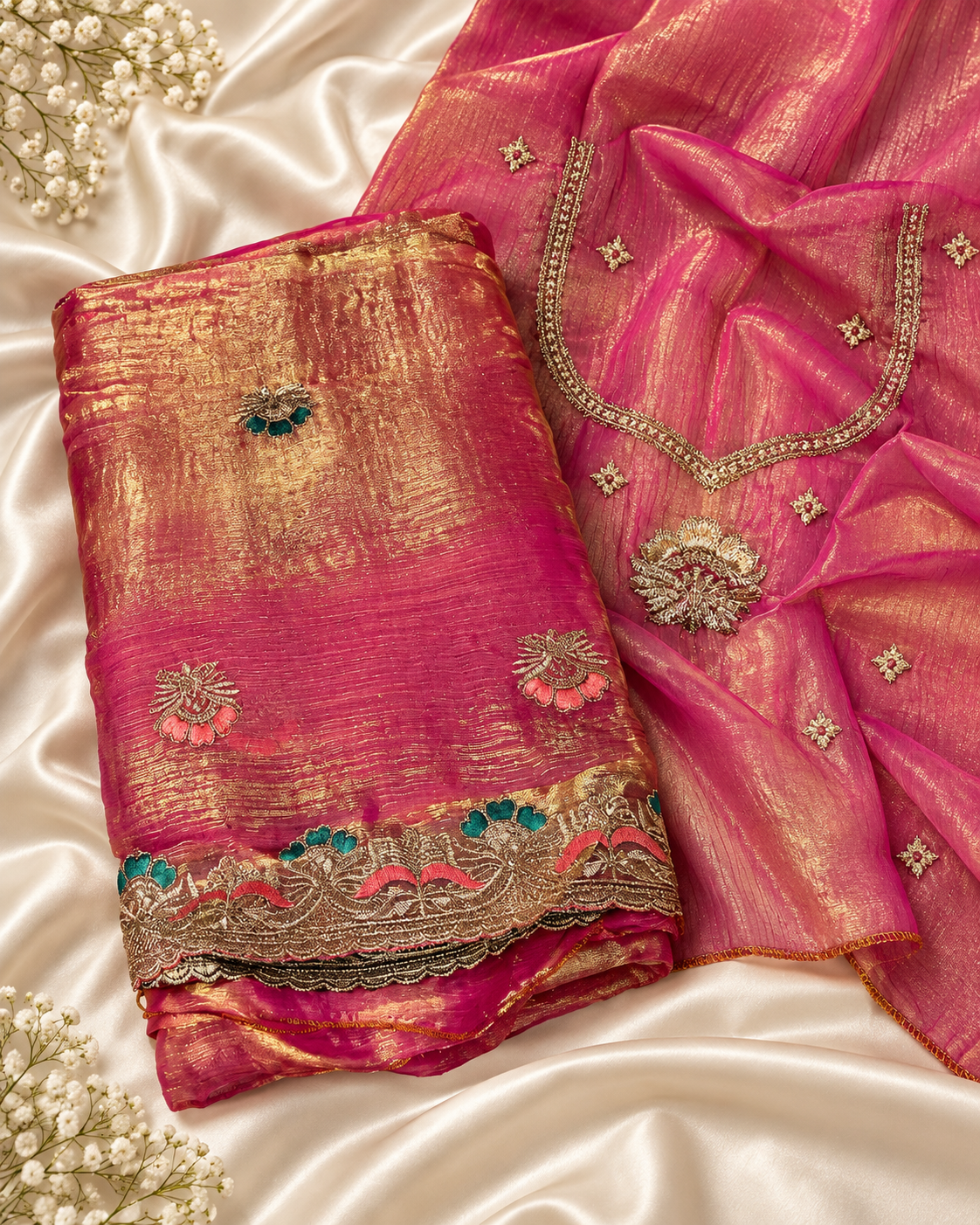 150ffbe9-f2b3-423c-b054-4cc71e3fc395 Fuchsia Pink Gold Shimmer Embroidered Saree