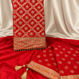 Vibrant Red Gold Woven Embroidered Unstitched Suit
