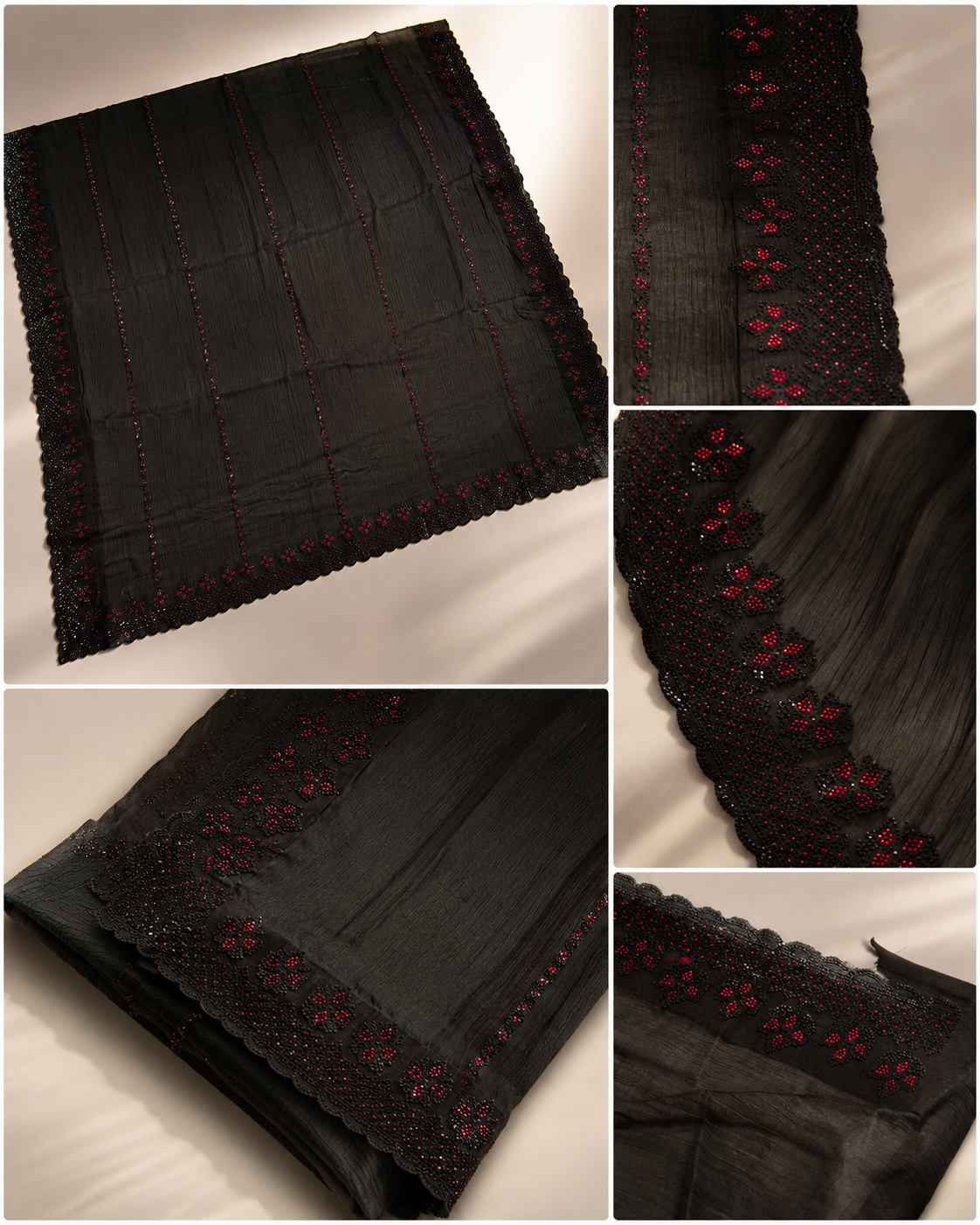 480da0dd-4ee3-454a-8ea1-66c4c40ce086 Black Saree with Red Floral Embellishments - Image 2