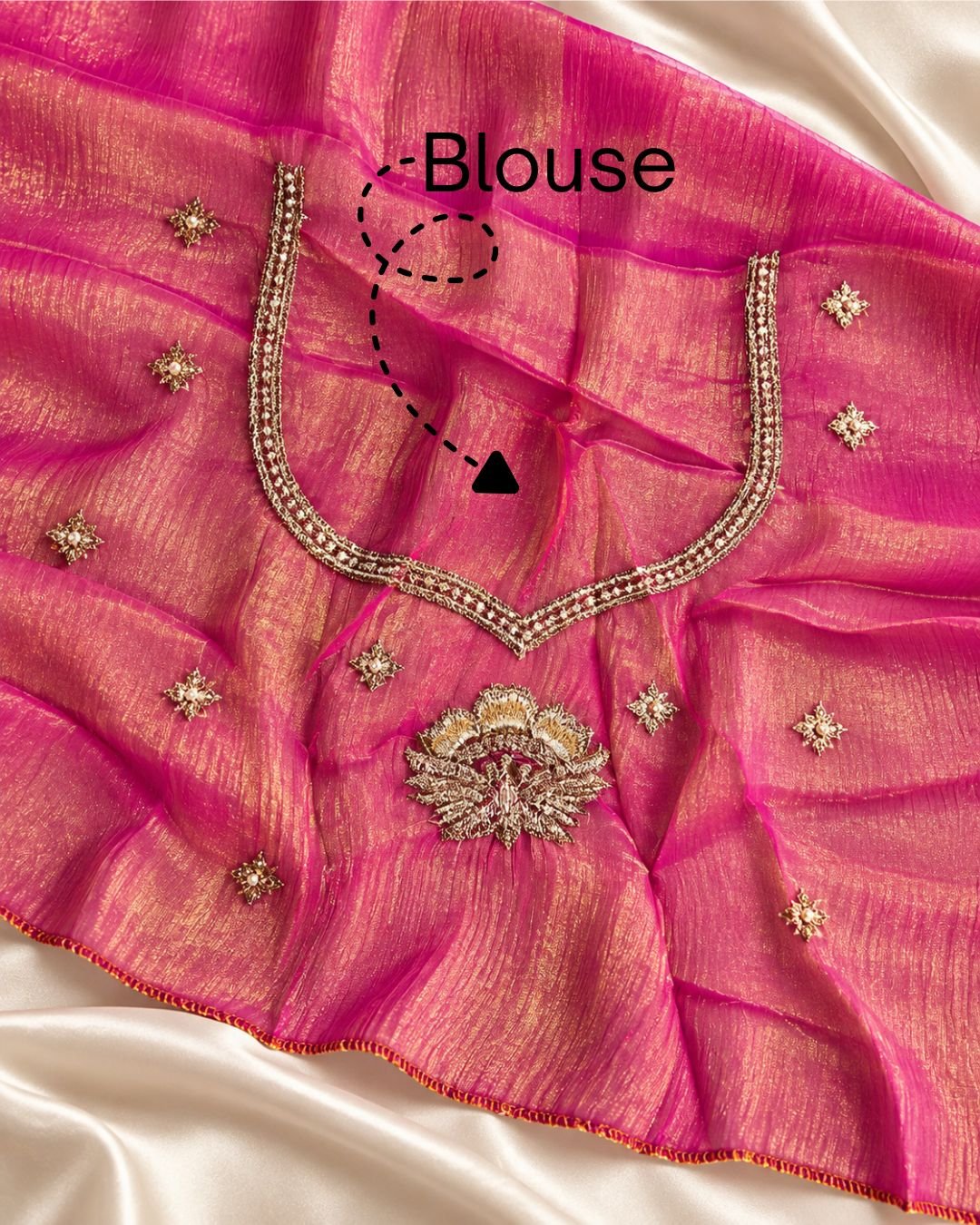 5 Fuchsia Pink Gold Shimmer Embroidered Saree - Image 3