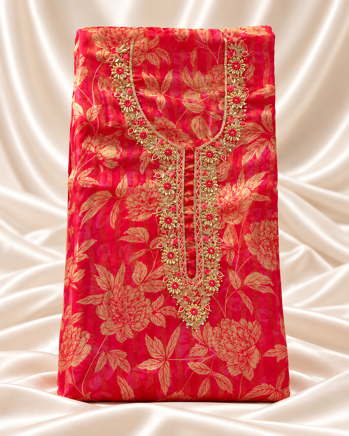 7cc3406f-53ce-4964-b416-36a998abe1c4 Bright Red Floral Printed Unstitched Suit - Image 2