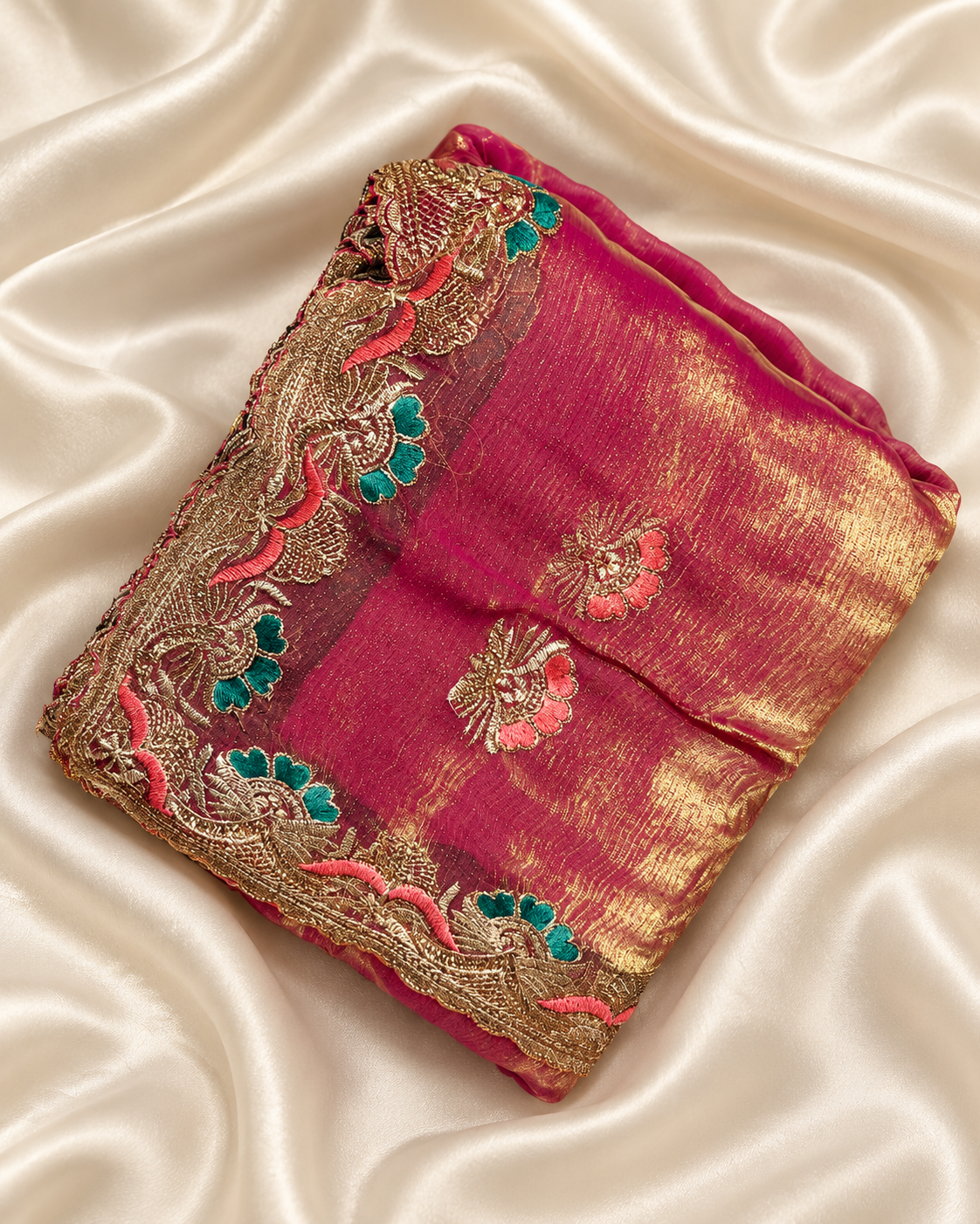 8636c6f6-5187-4926-acd3-15fe87e5d17d Fuchsia Pink Gold Shimmer Embroidered Saree - Image 4