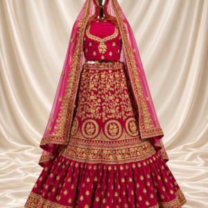 Deep Pink Gold Embroidered Unstitched Lehenga Set