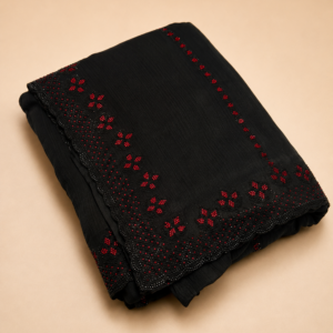 Black Saree with Red Floral Embellishments