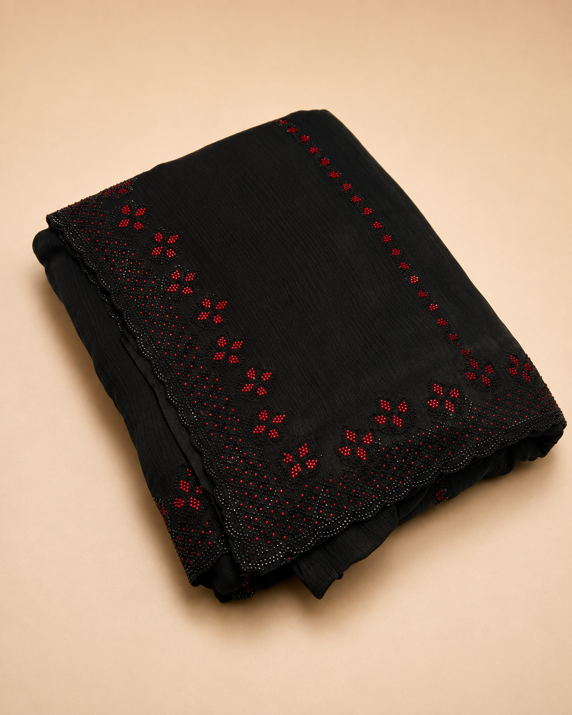 9b0591bc-7297-420f-ade8-447947b6511a Black Saree with Red Floral Embellishments
