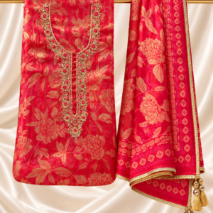 Bright Red Floral Printed Unstitched Suit