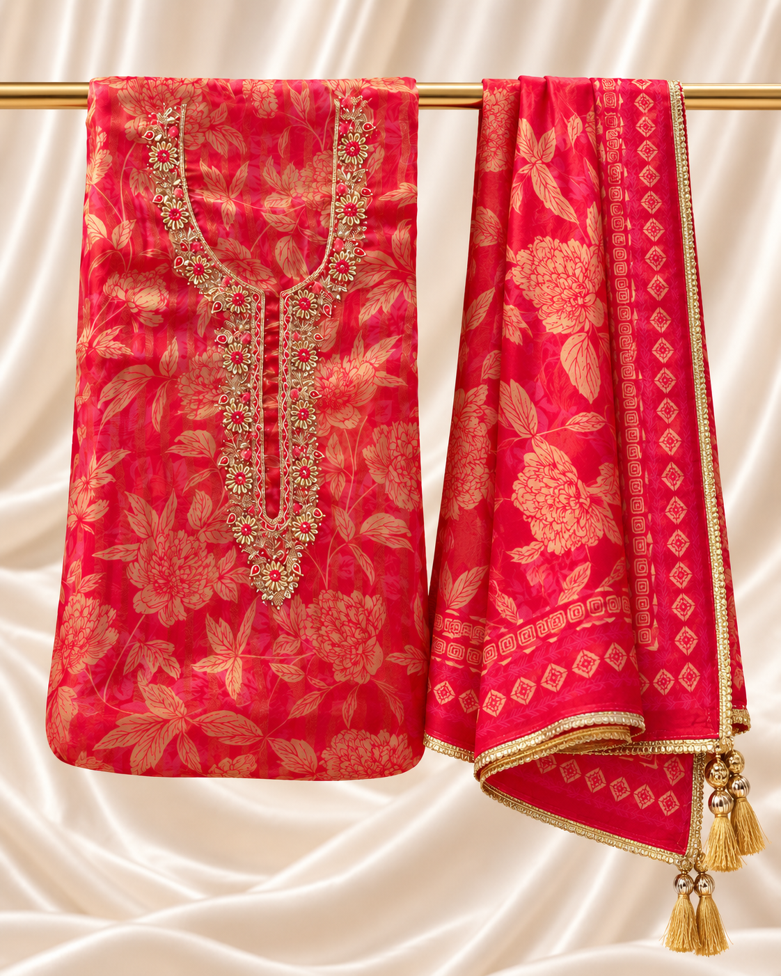 9fd98d4e-4989-46a9-a023-b936cd4bb718 Bright Red Floral Printed Unstitched Suit
