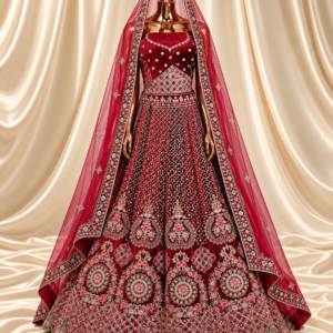 Deep Red Embroidered Unstitched Lehenga Set