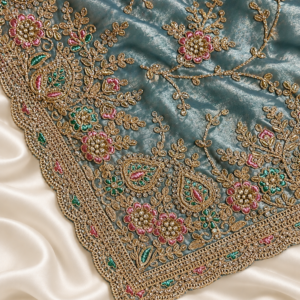 Teal Gold Embroidered Unstitched Saree