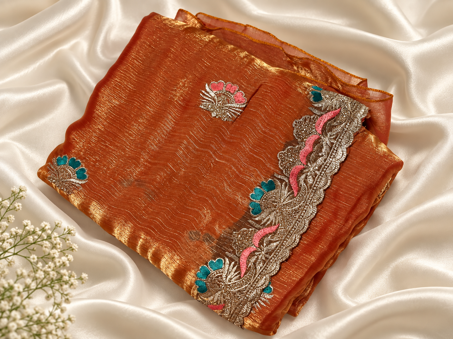 b00d02d0-b3b6-4f4e-bab4-acc5f8efff56 Burnt Orange Gold Shimmer Embroidered Saree