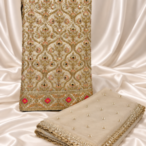 Soft Champagne Beige Gold Embroidered Unstitched Suit
