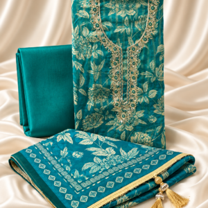 Rich Teal Floral Printed Unstitched Suit