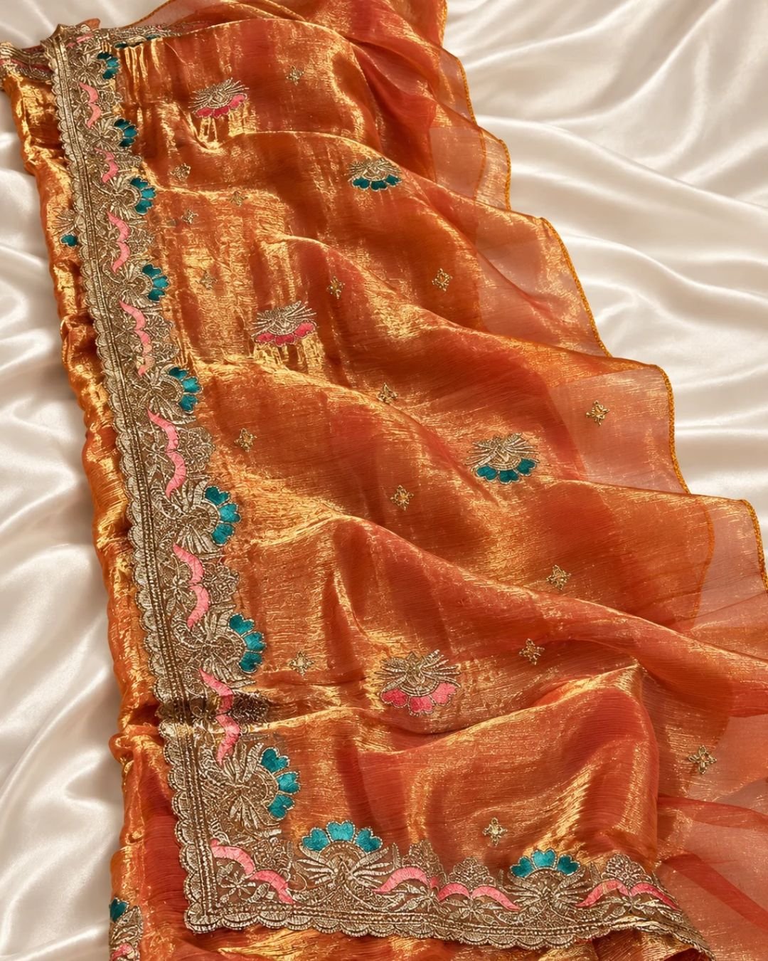 gsdgsdvs Burnt Orange Gold Shimmer Embroidered Saree - Image 4